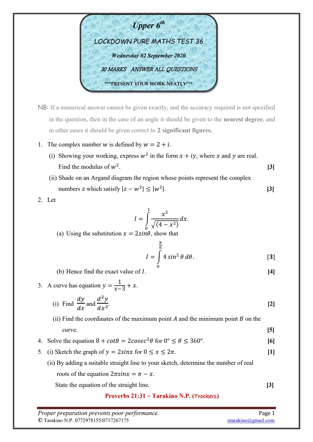 First page of Lockdown Pure Maths Test 36 Question Paper