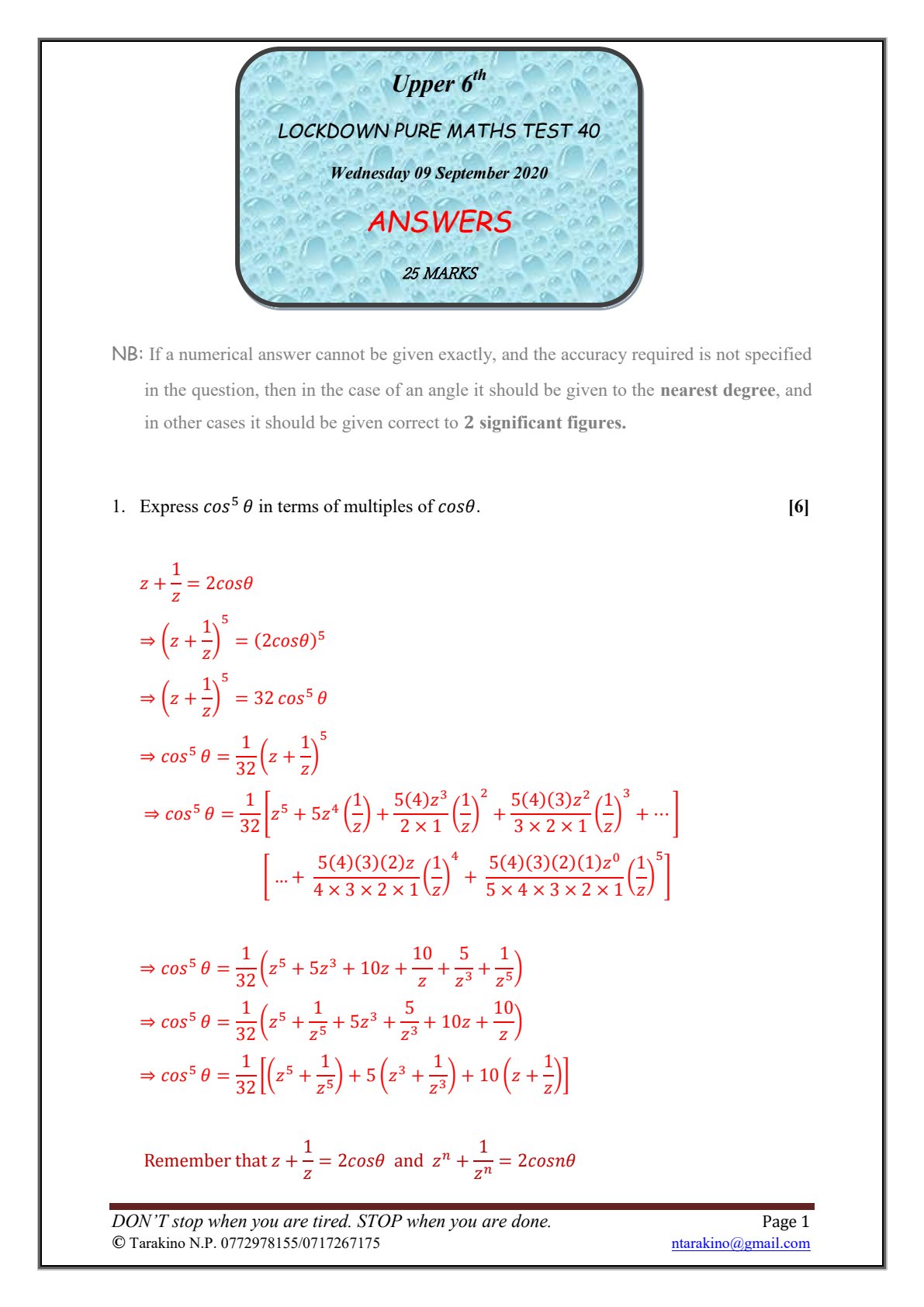 First page of Lockdown Pure Maths Test 40
