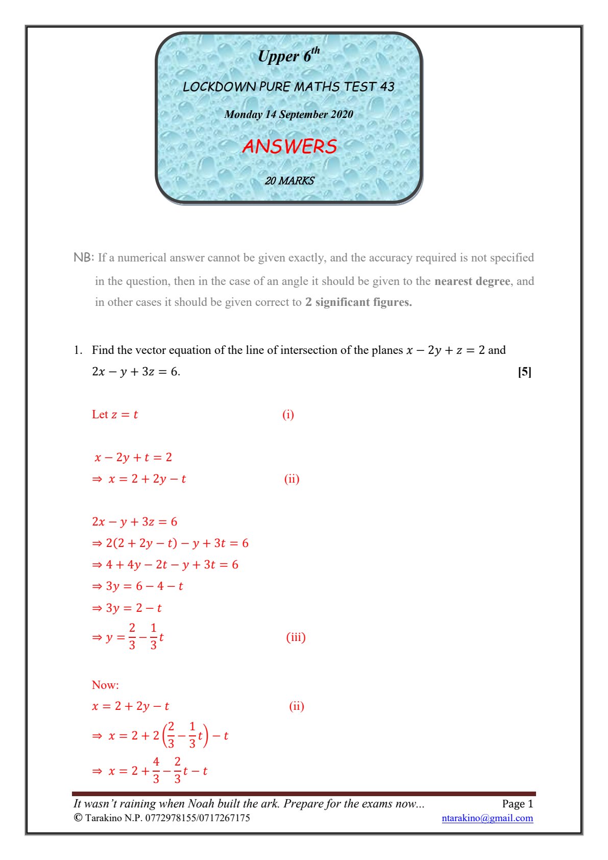 First page of Lockdown Pure Maths Test 43 - Answers