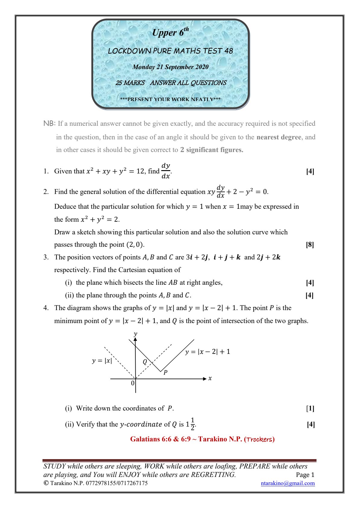 First page of Lockdown Pure Maths Test 48 Question Paper