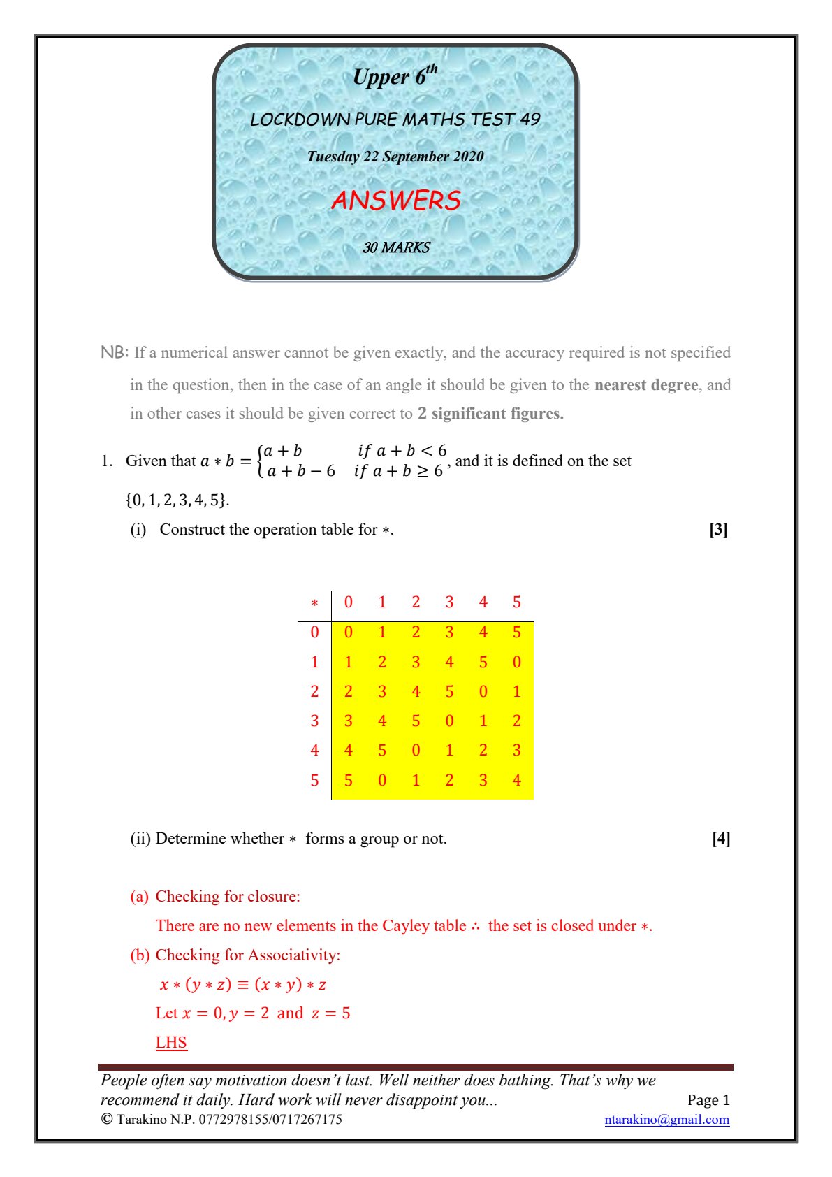 First page of Lockdown Pure Maths Test 49 Answers