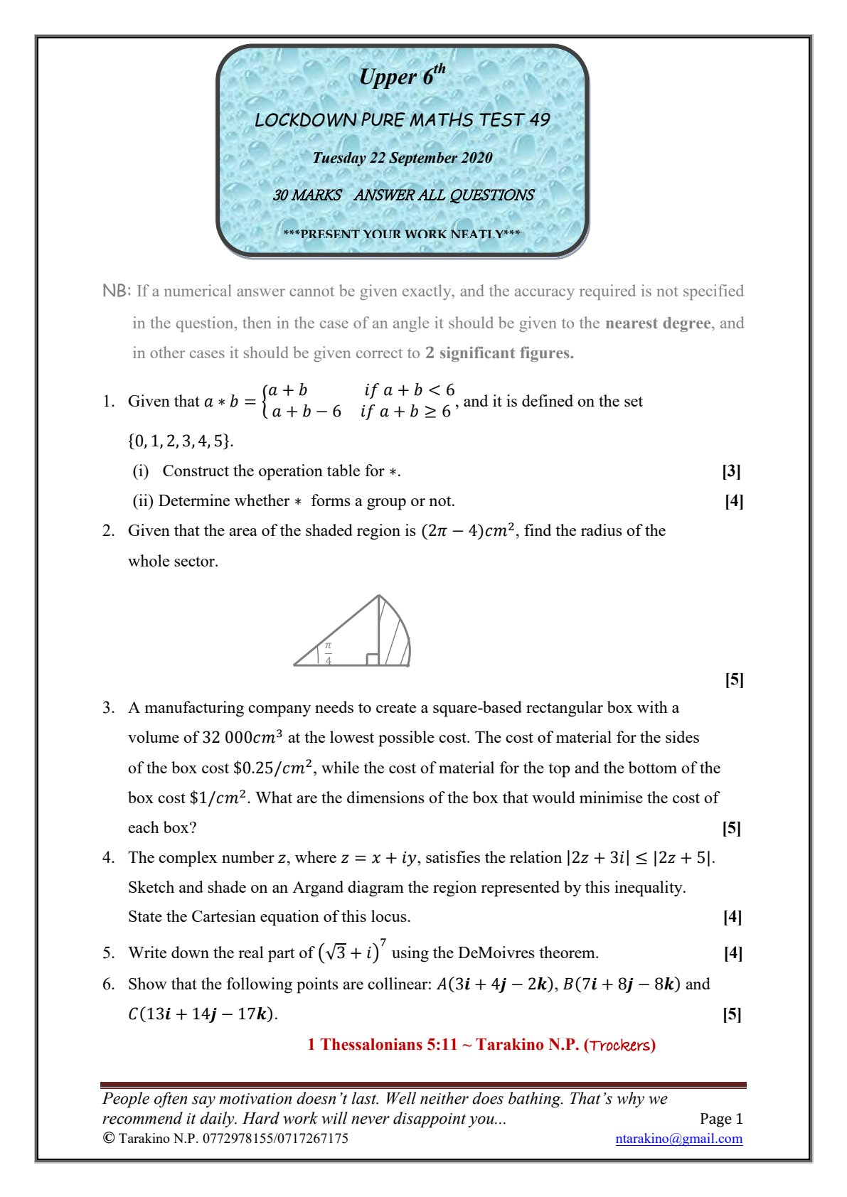 First page of Lockdown Pure Maths Test 49 Question Paper