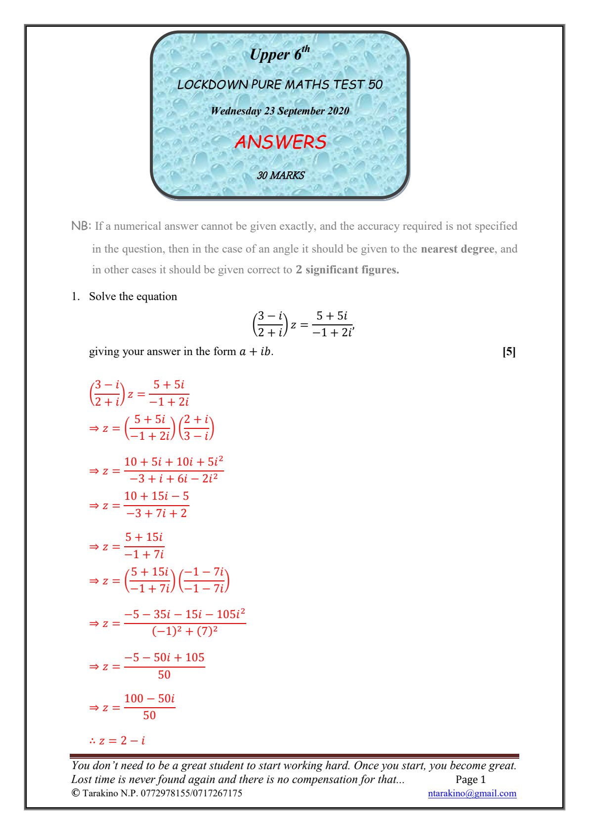 First page of Lockdown Pure Maths Test 50