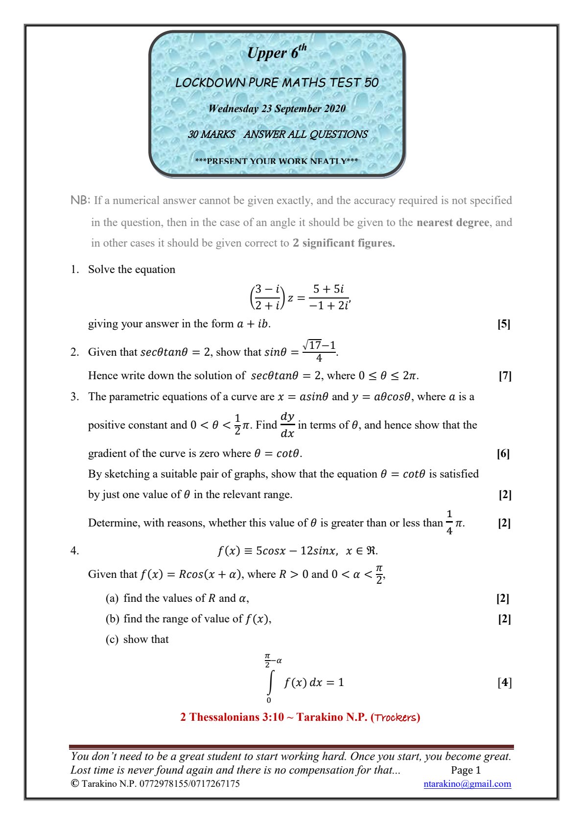 First page of Lockdown Pure Maths Test 50 Question Paper