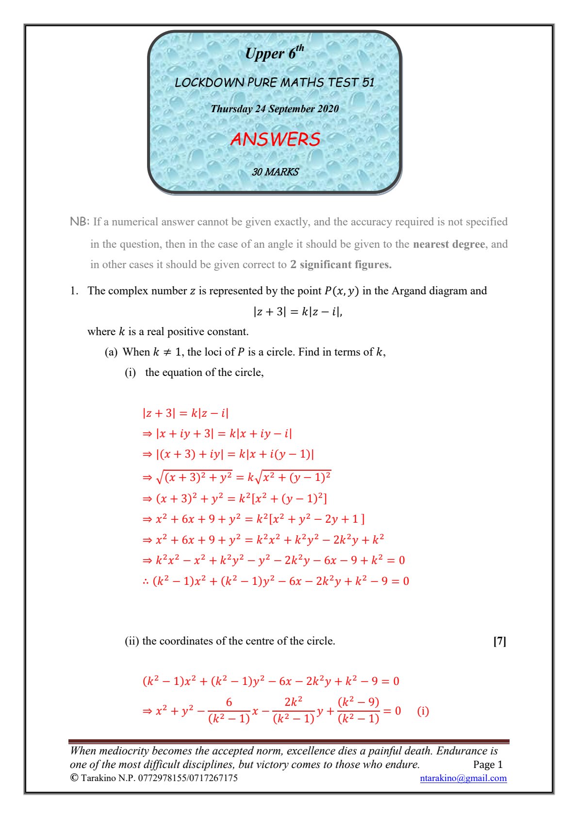 First page of Lockdown Pure Maths Test 51 Answers Marking Scheme