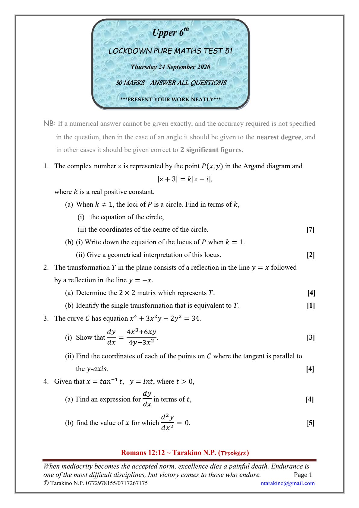 First page of Lockdown Pure Maths Test 51 Question Paper