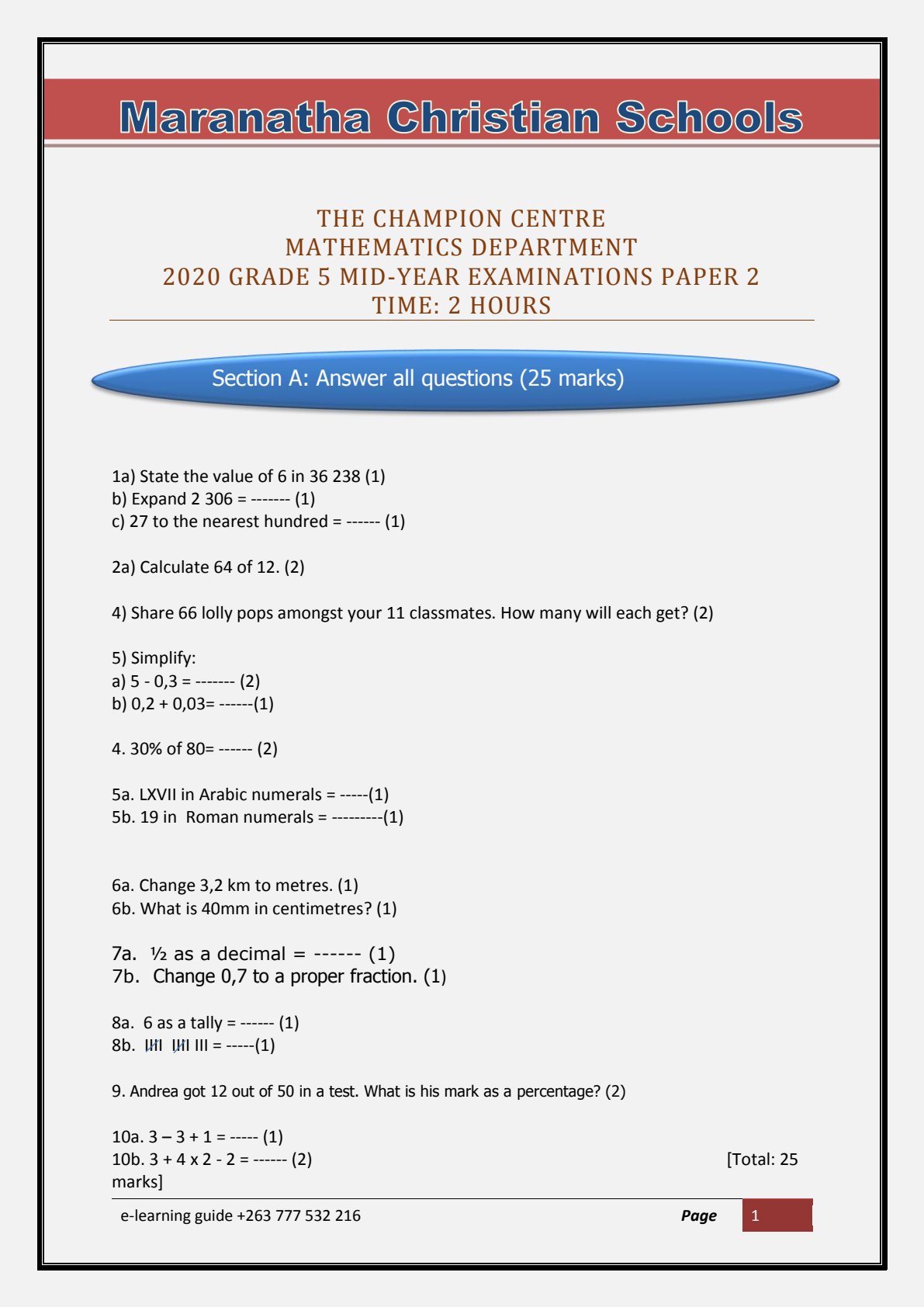 First page of Maramatha Christian Schools Grade 5 Mathematics Mid-Year 2020 Question Paper