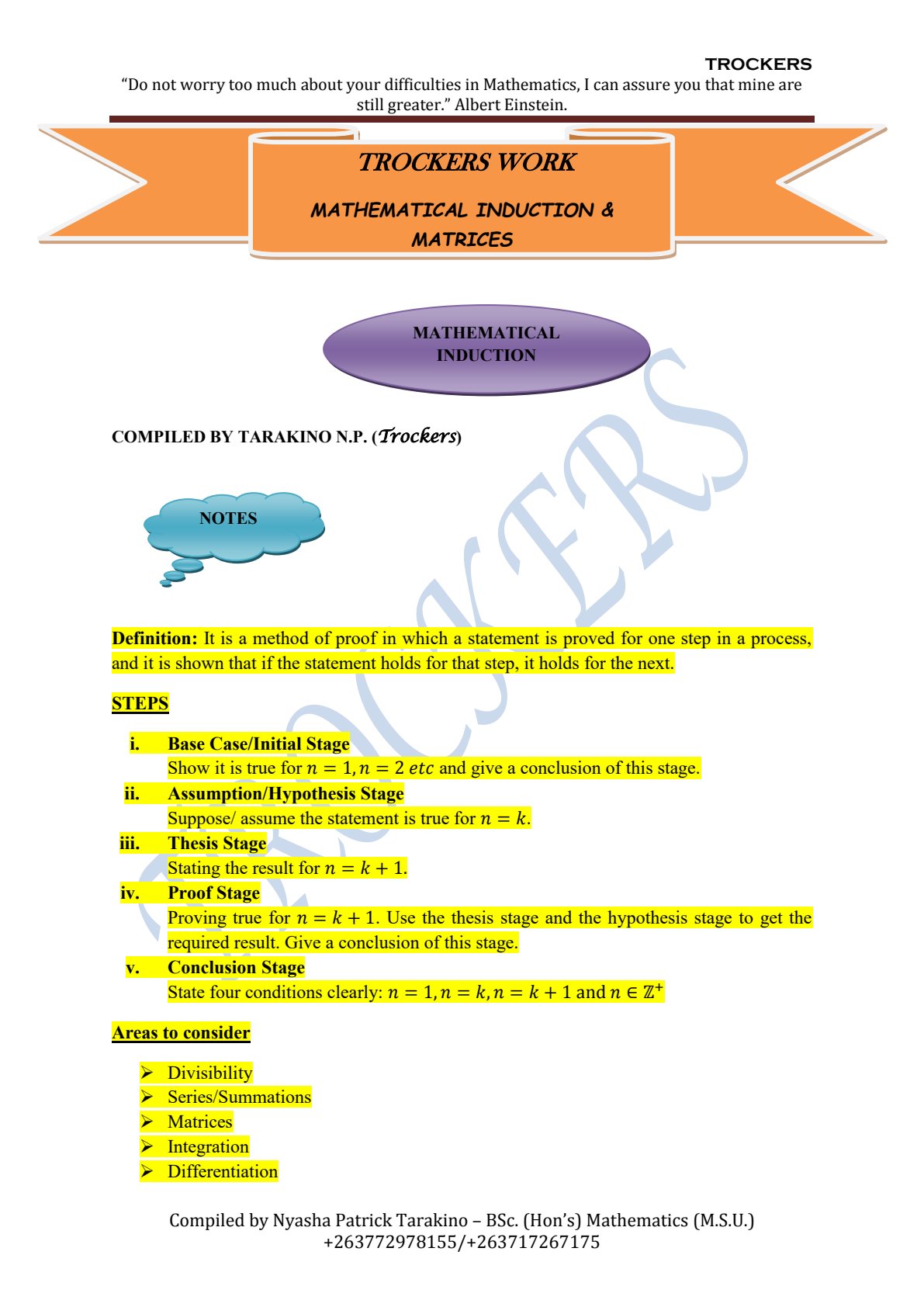 First page of Mathematical Induction & Matrices