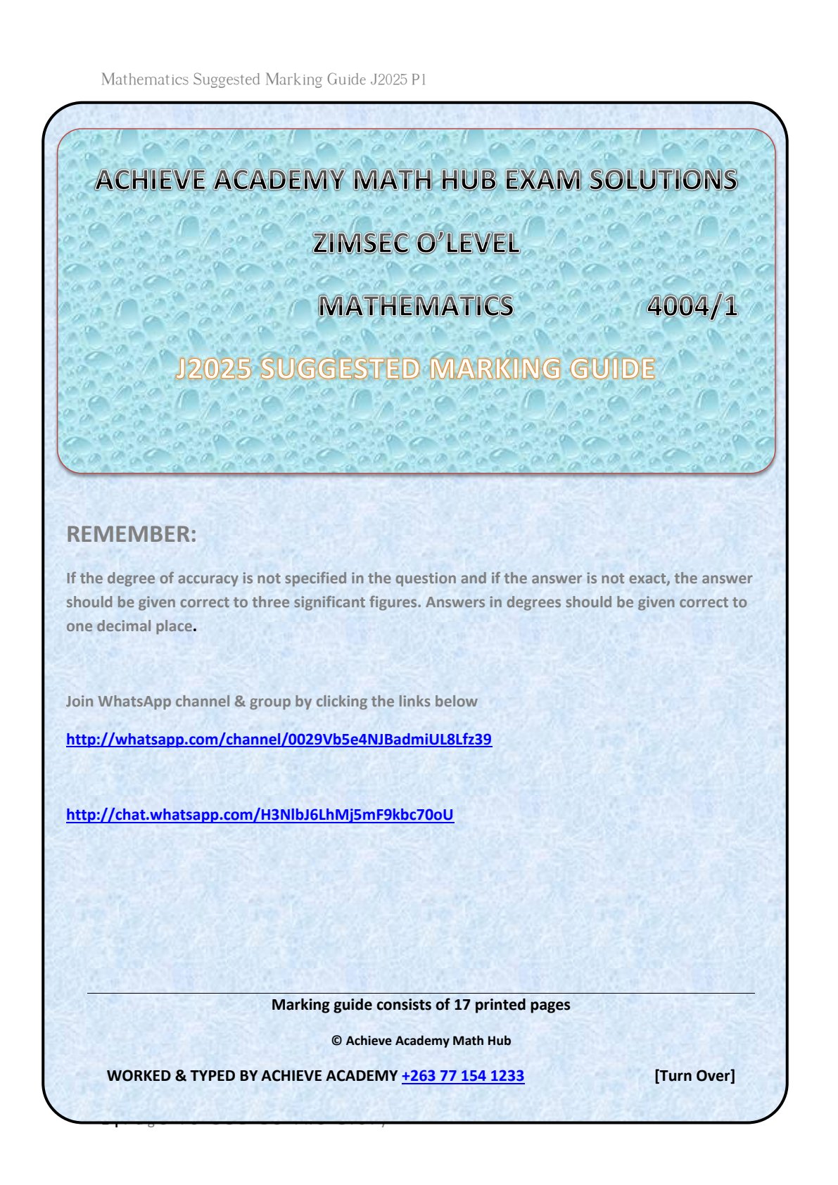 First page of Mathematics 4004/1 N2025 Suggested Marking Guide