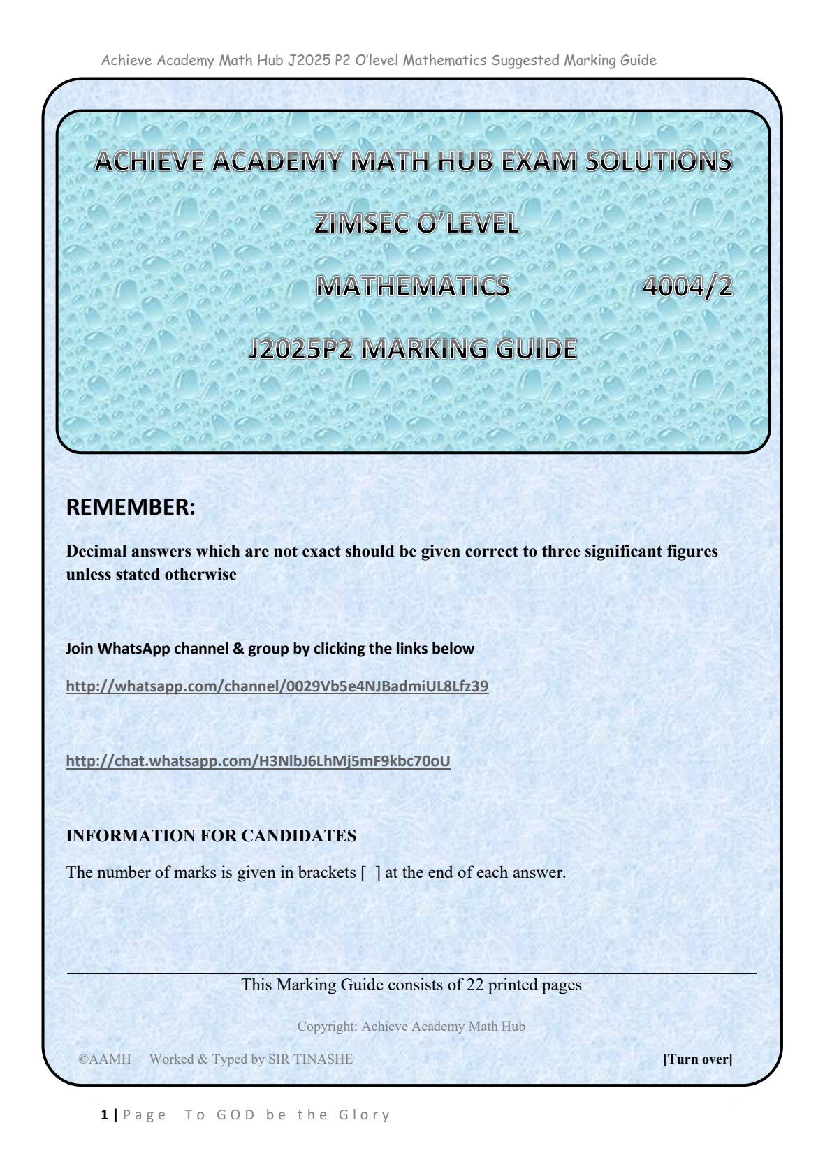 First page of Mathematics 4004/2 J2025 Marking Guide
