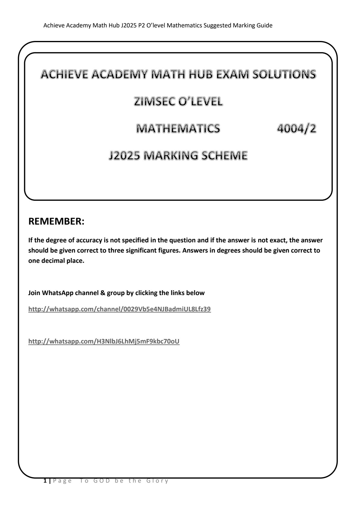 First page of Mathematics 4004/2 June 2025 Marking Scheme
