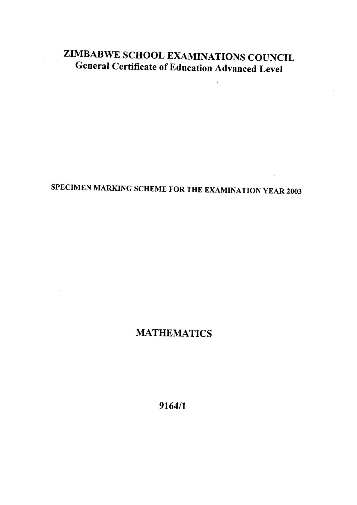 First page of Mathematics 9164/1 Specimen Marking Scheme 2003