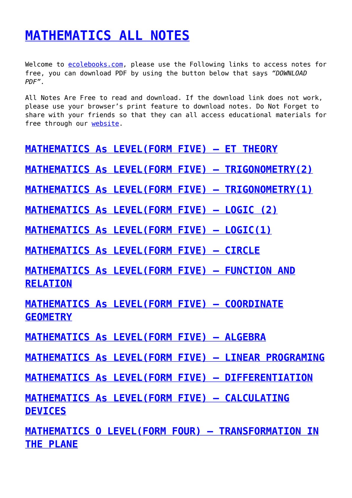 First page of MATHEMATICS ALL NOTES