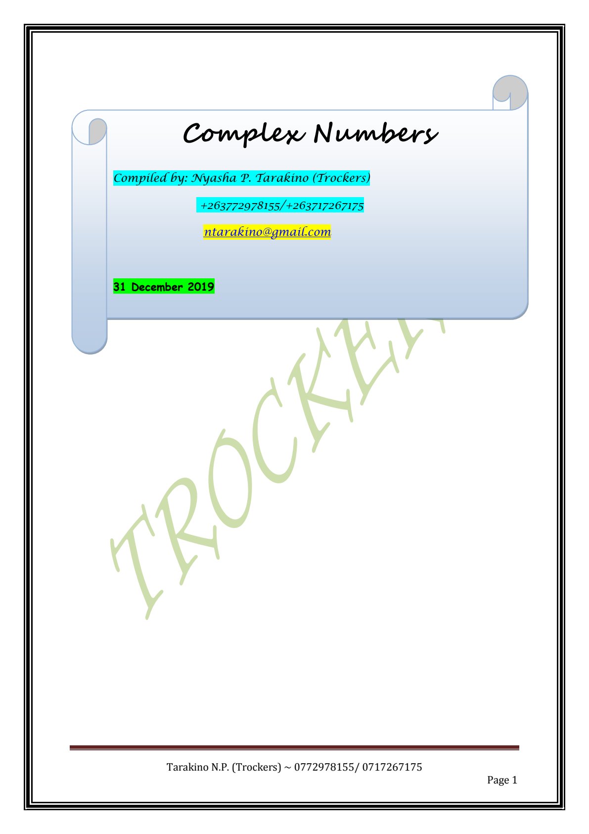 First page of Mathematics Complex Numbers Notes Zimbabwe