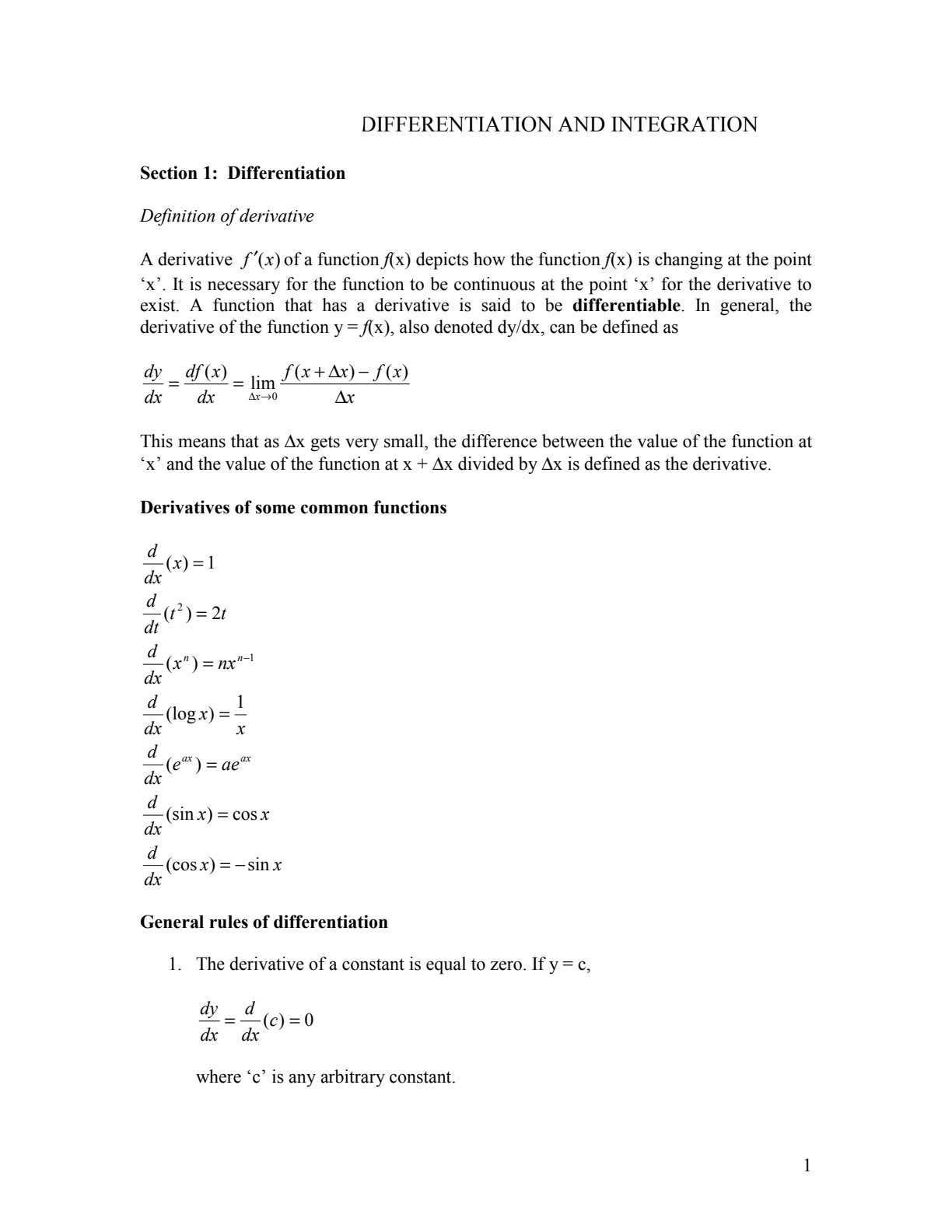 First page of Mathematics Differentiation and Integration Notes Zimbabwe