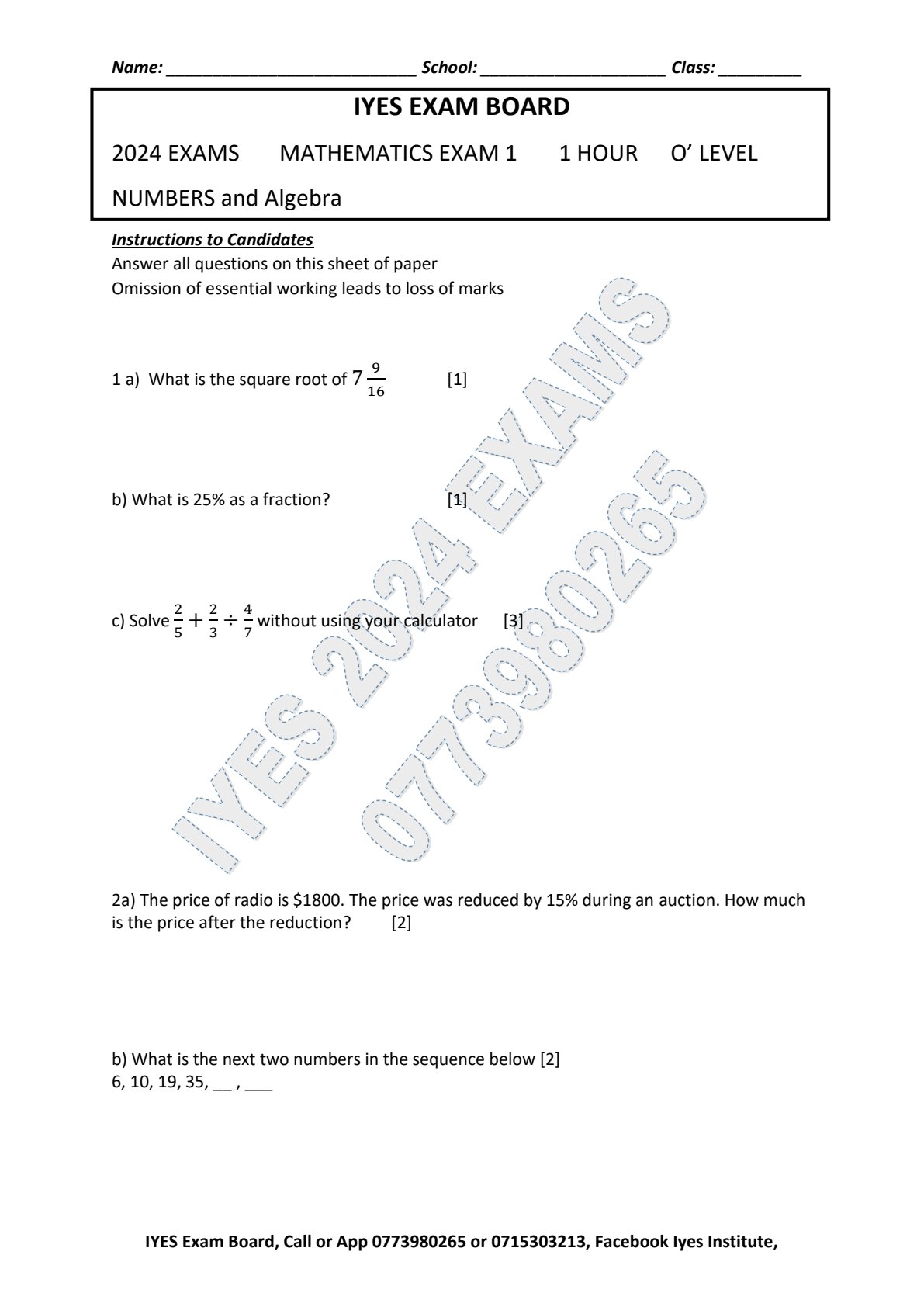 First page of MATHEMATICS EXAM 1 Question Paper