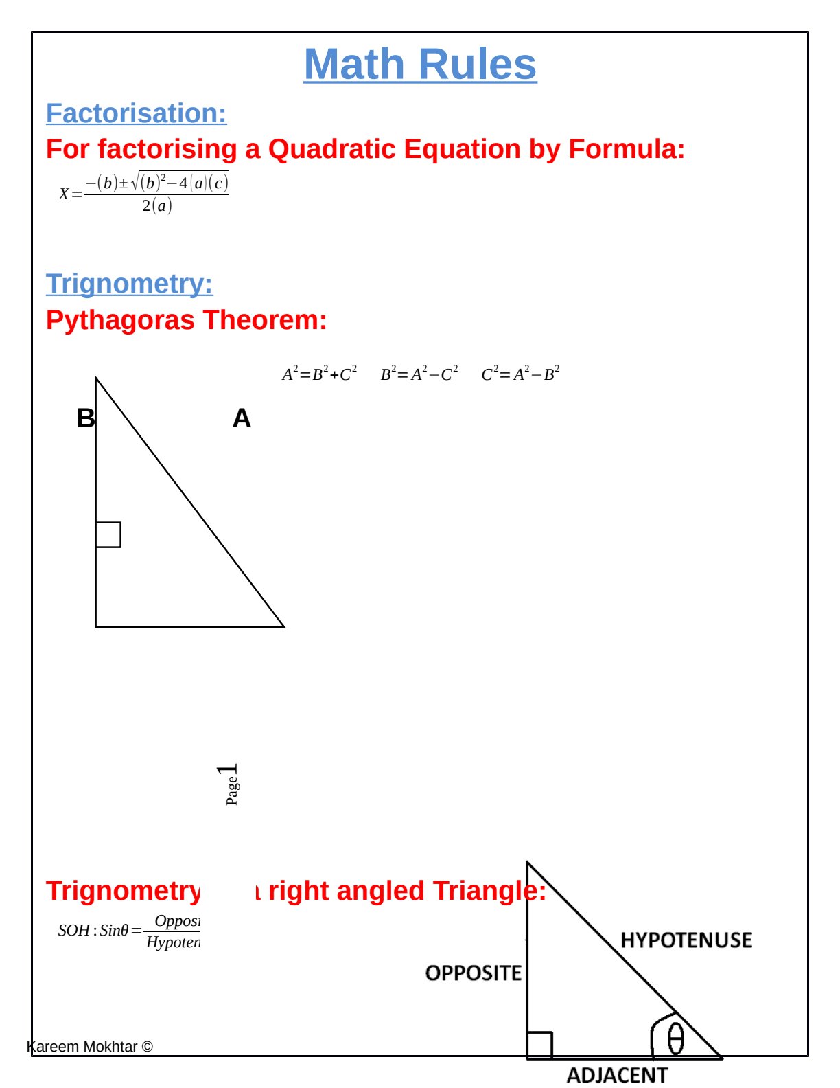 First page of Mathematics Factorization, Trigonometry, Pythagoras Theorem Notes Zimbabwe