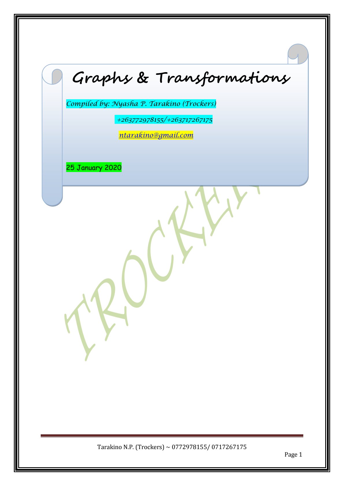 First page of Mathematics Graphs & Transformations Notes Zimbabwe
