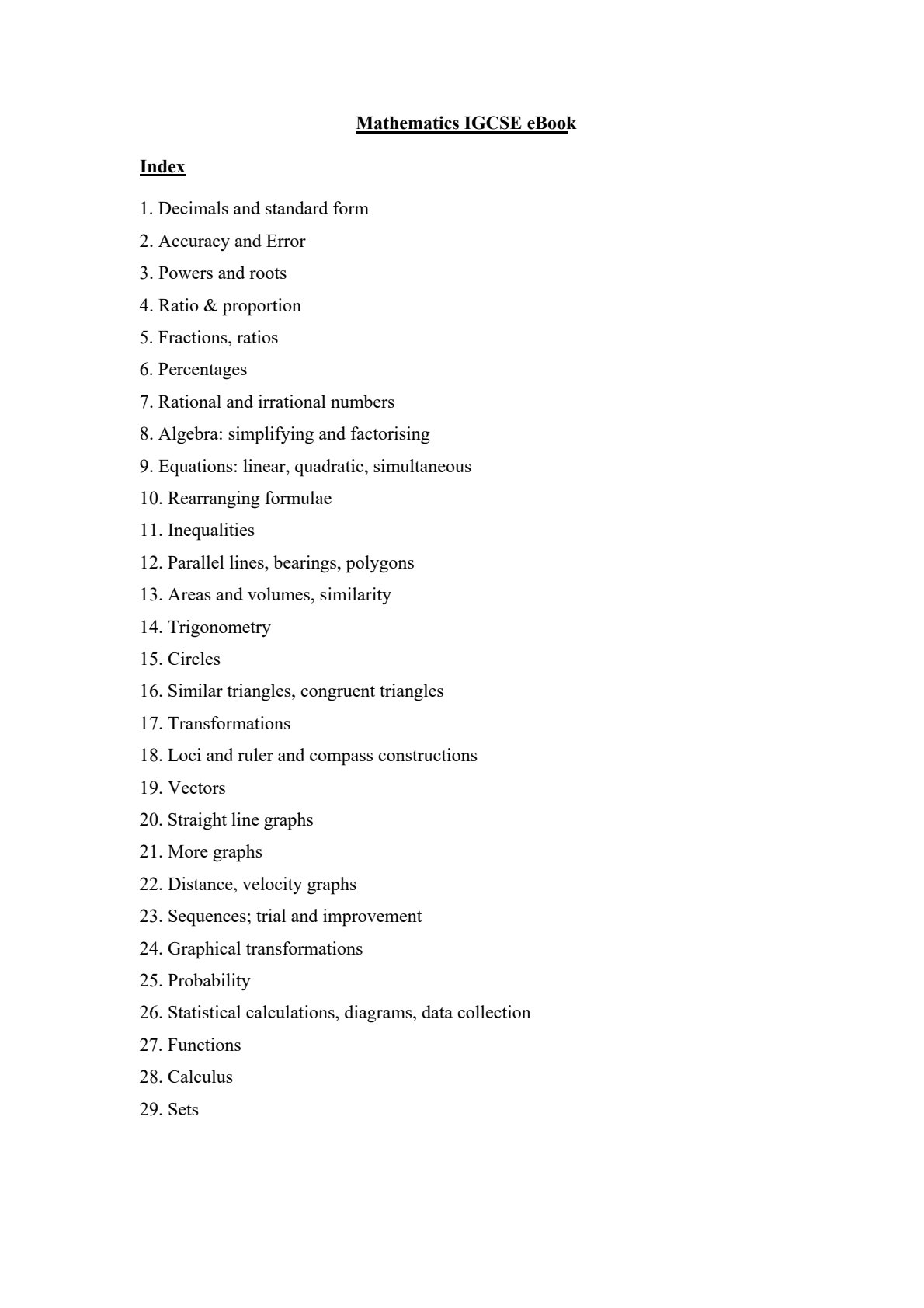 First page of Mathematics IGCSE eBook Mathematics IGCSE