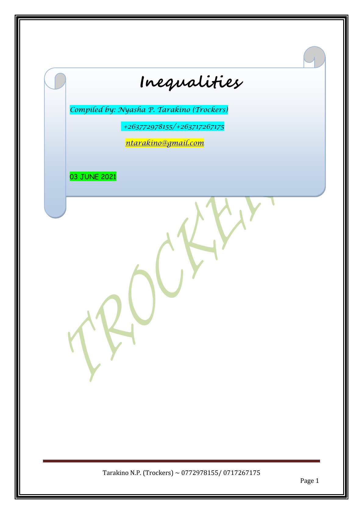 First page of Mathematics Inequalities Notes Zimbabwe