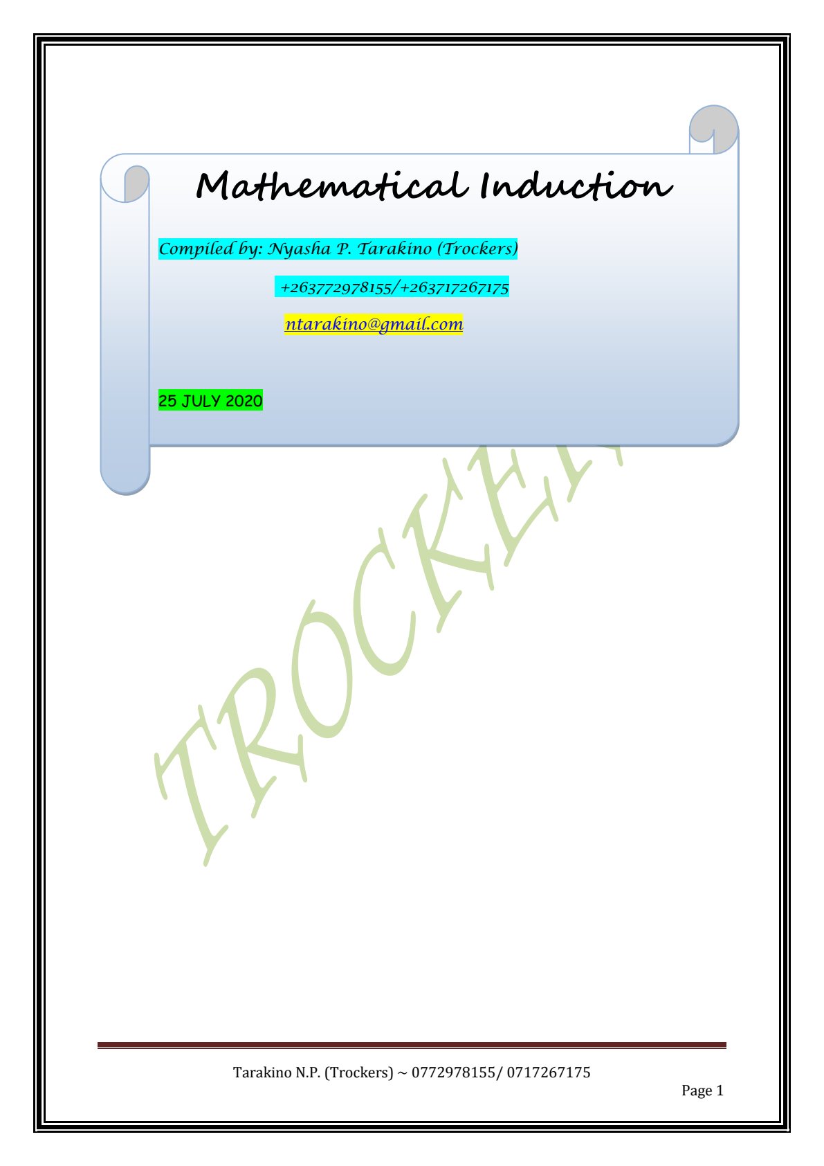 First page of Mathematics Mathematical Induction Notes Zimbabwe