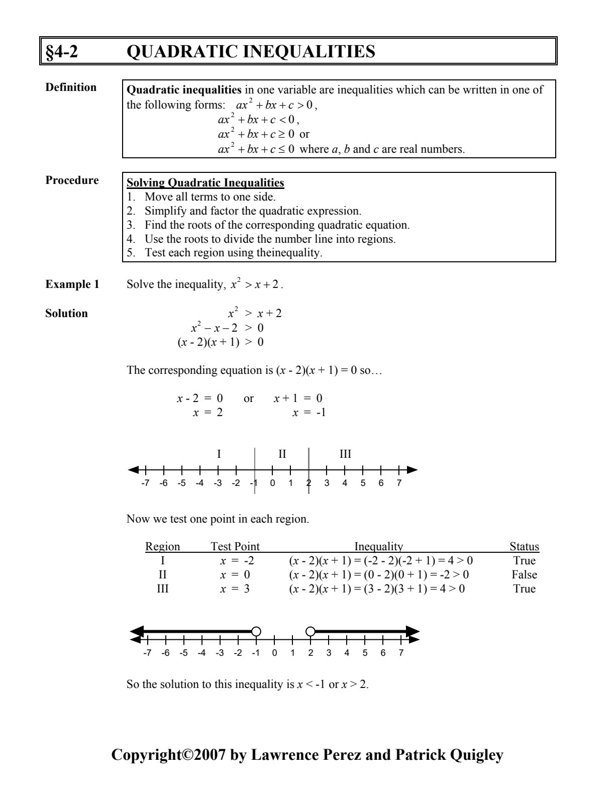 First page of Mathematics Quadratic Inequalities Notes Zimbabwe