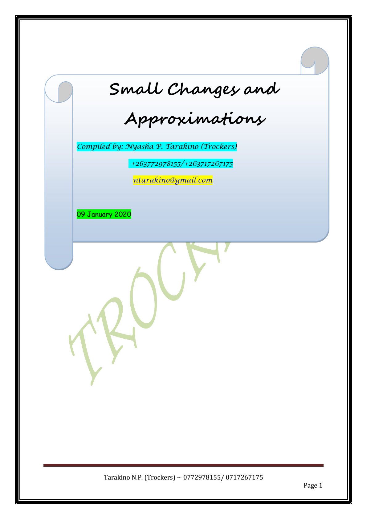 First page of Mathematics Small Changes and Approximations Notes Zimbabwe
