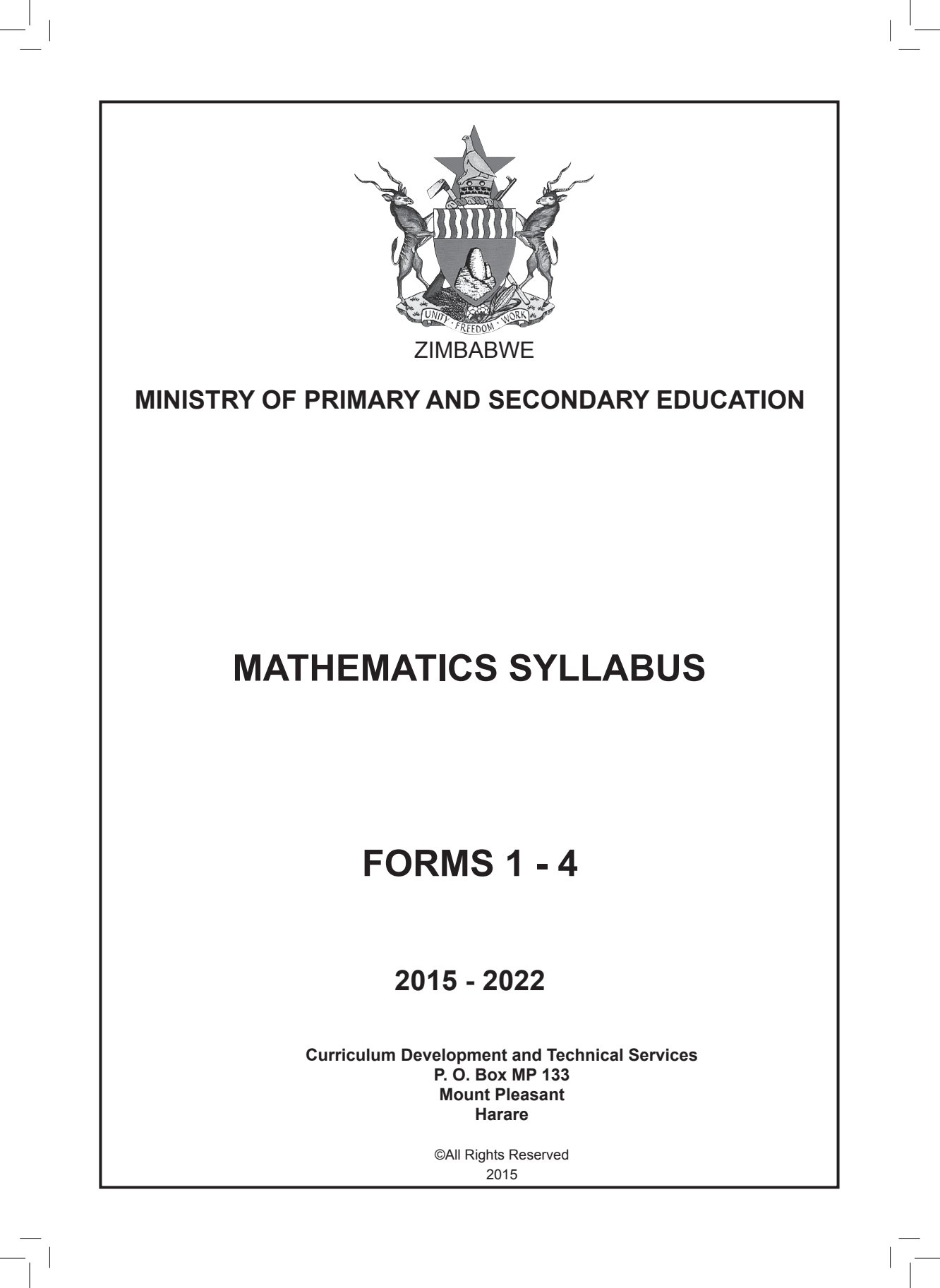 First page of Mathematics Syllabus Forms 1-4 2015-2022