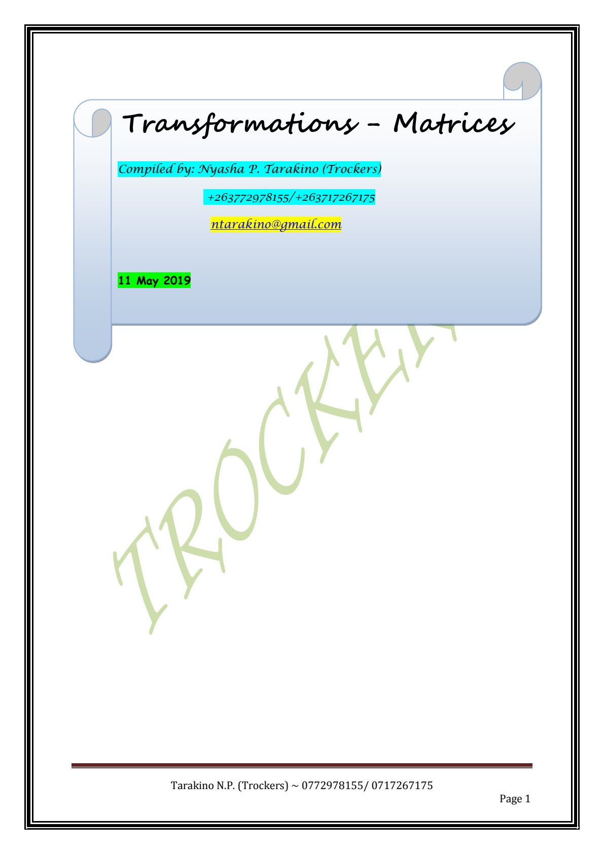First page of Mathematics Transformations - Matrices Notes Zimbabwe