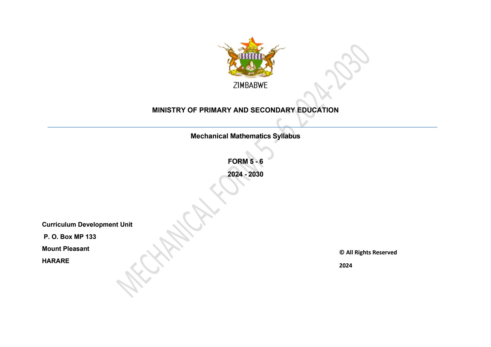 First page of Mechanical Mathematics Syllabus Form 5-6 2024-2030