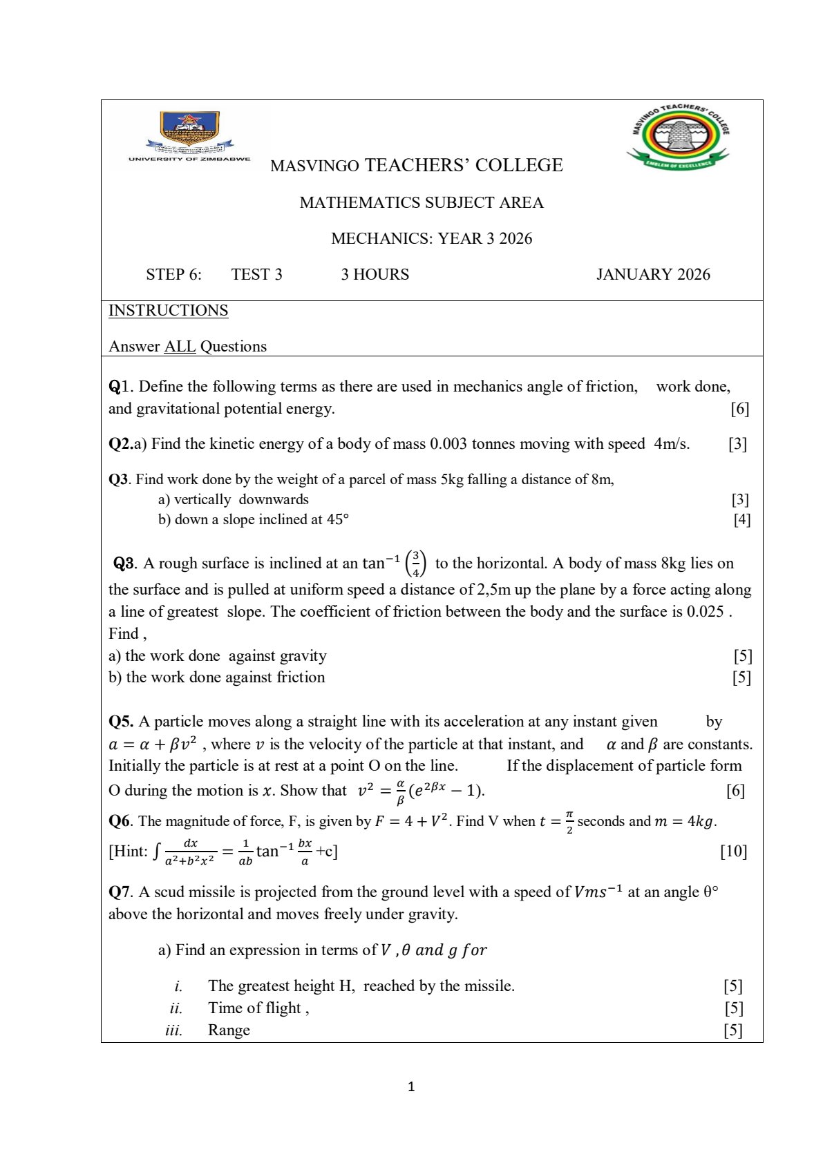 First page of Mechanics January 2026 Question Paper
