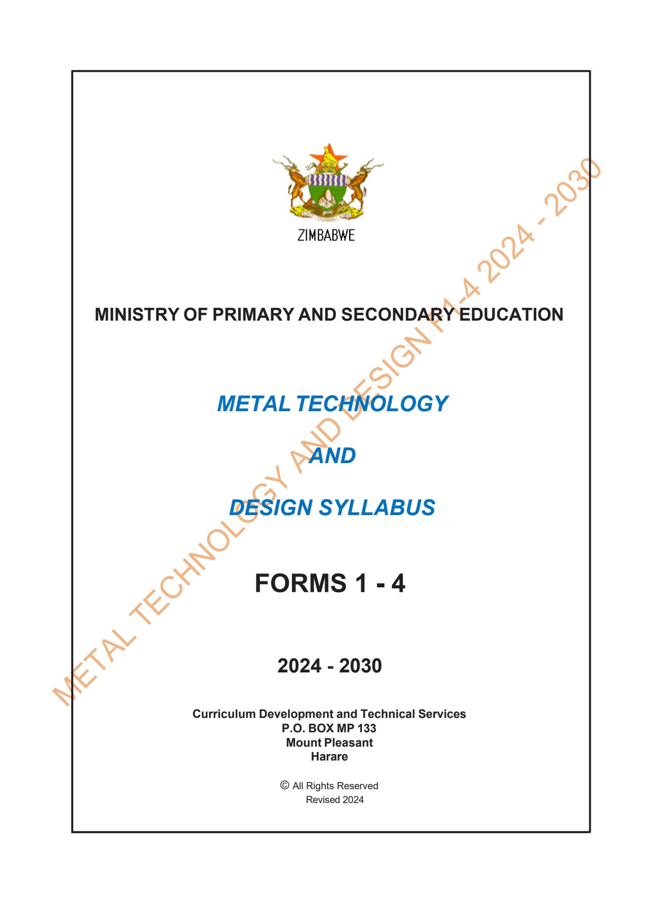 First page of Metal Technology and Design Syllabus Forms 1-4