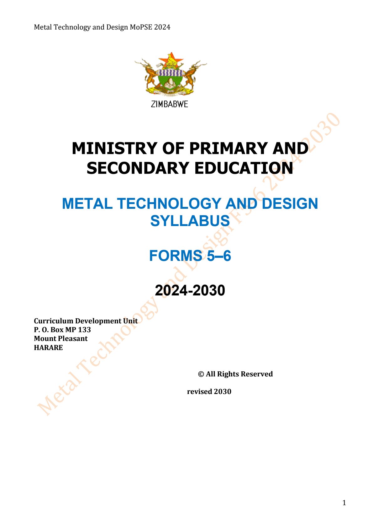 First page of Metal Technology and Design Syllabus