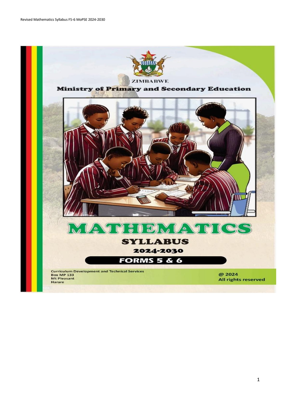 First page of MoPSE A-Level Mathematics 2024 Syllabus