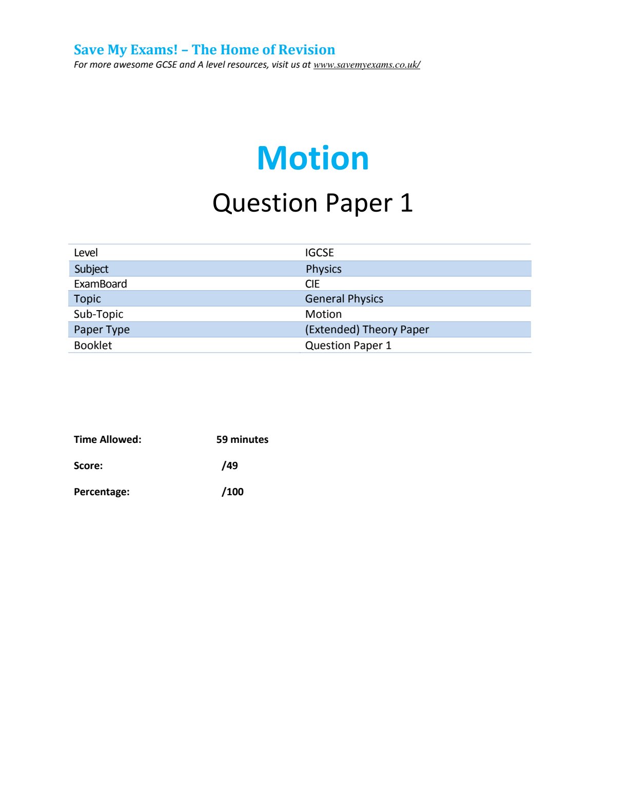 First page of Motion - Question Paper 1