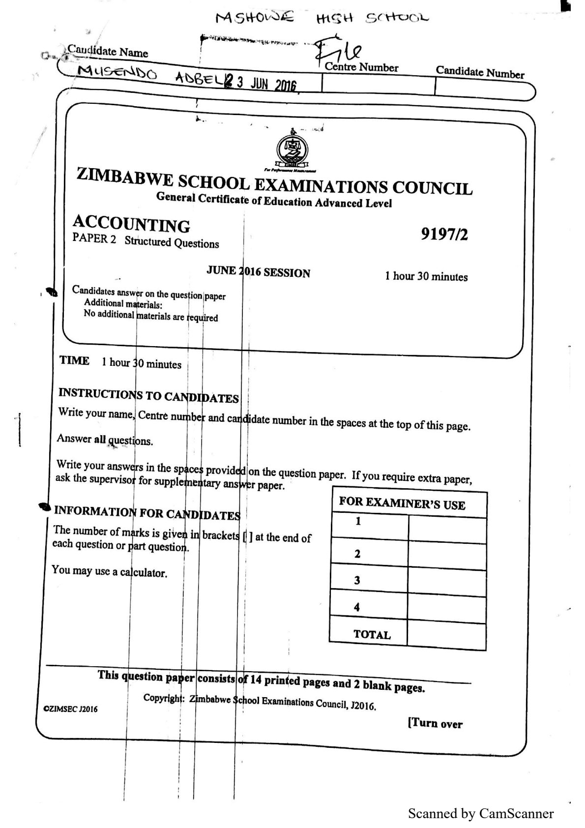 First page of Mshowe High School A-Level Accounting June 2016 Question Paper