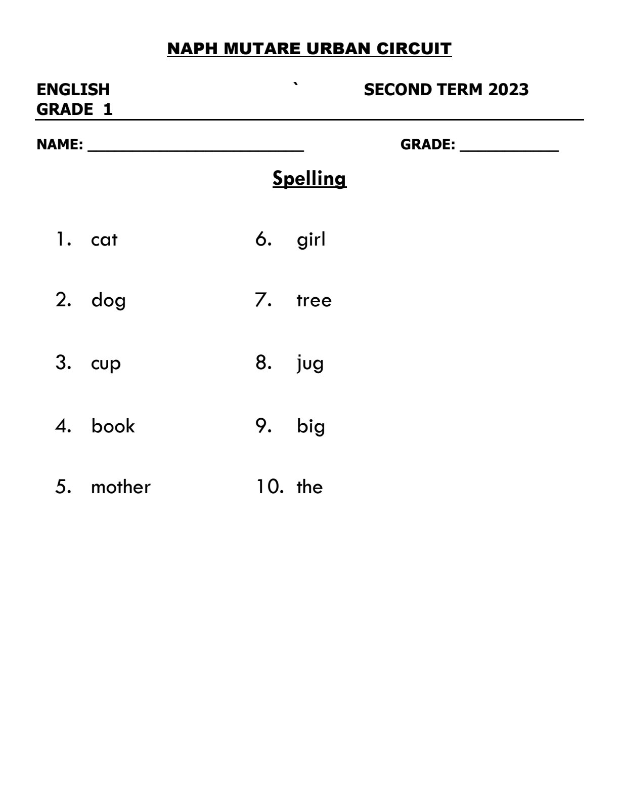 First page of NAPH Mutare Urban Circuit Grade 1 English Language Term 2 2023 Question Paper