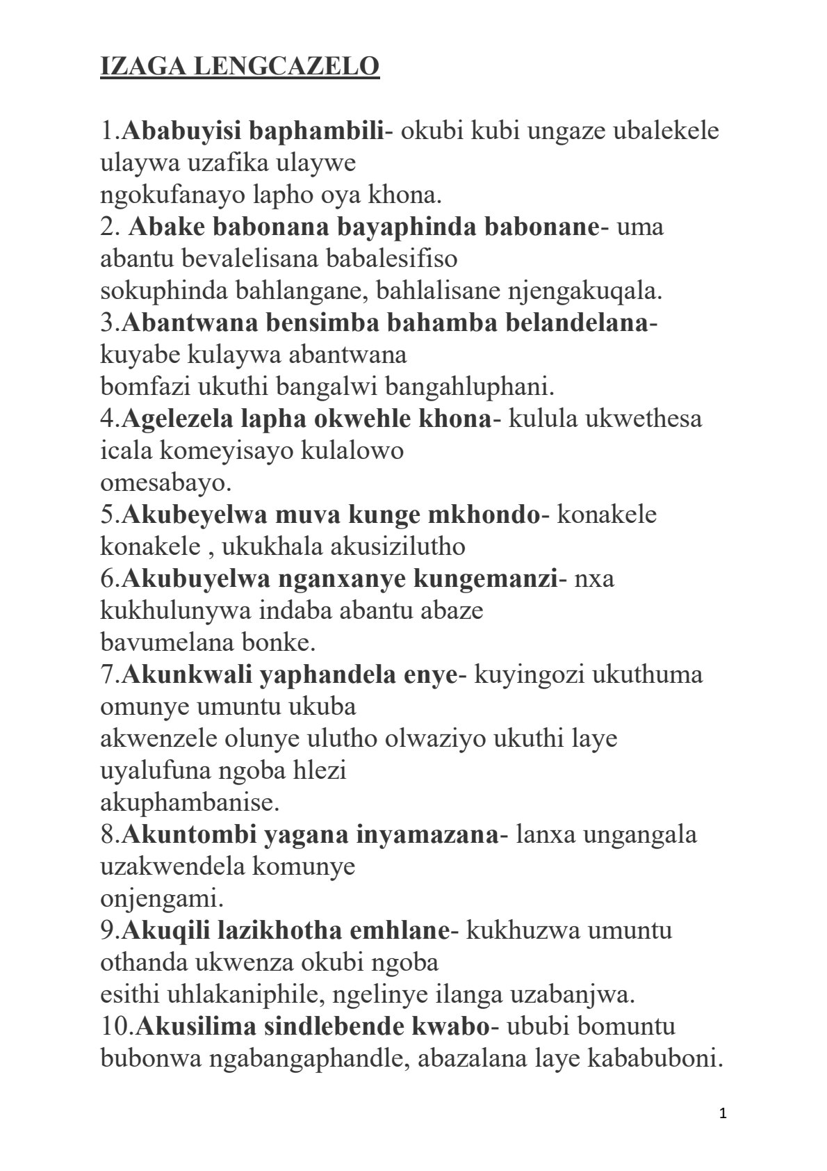 First page of Ndebele Ndebele proverbs (izaga) with explanations Notes Zimbabwe