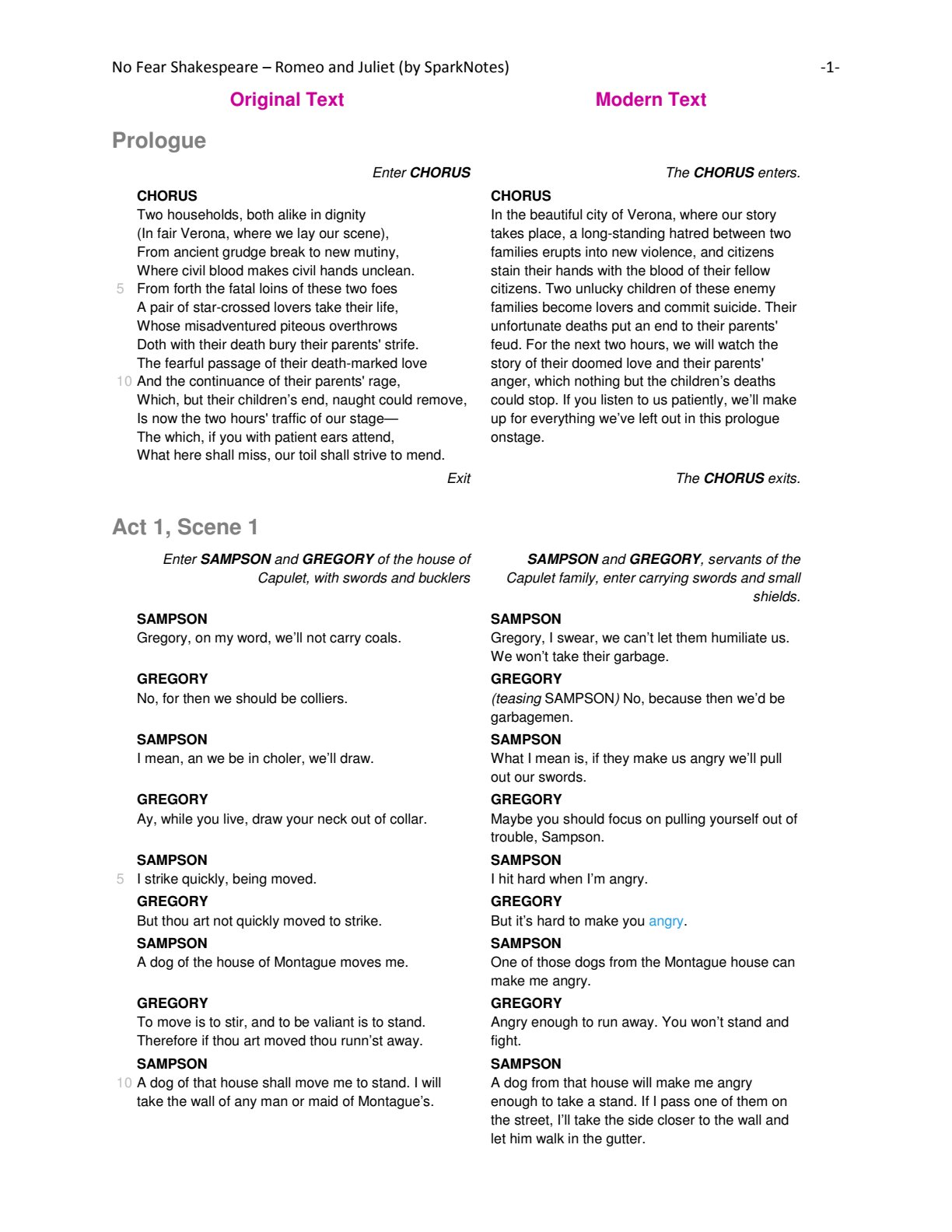 First page of No Fear Shakespeare - Romeo and Juliet