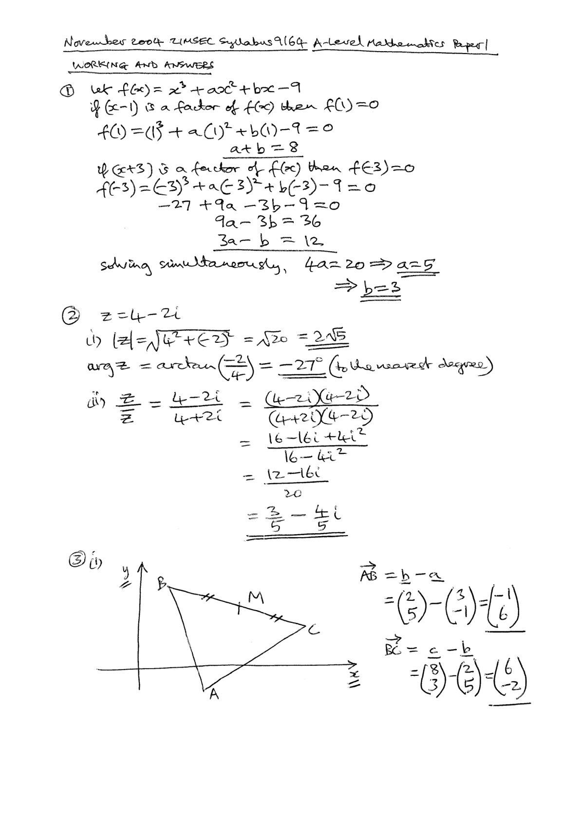 First page of November 2004 ZIMSEC Syllabus 9164 A-Level Mathematics Paper 1 Working and Answers Marking Scheme