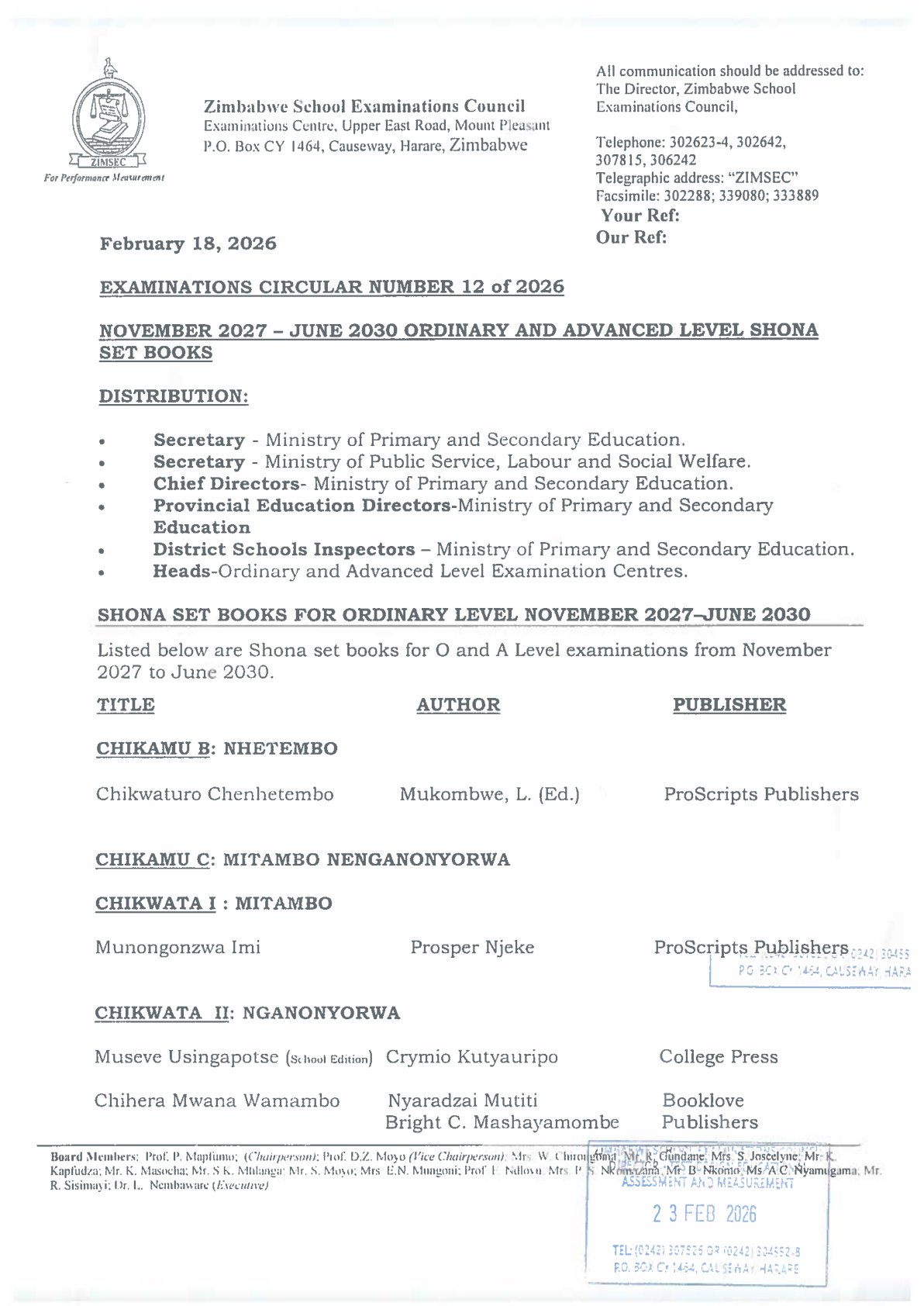 First page of NOVEMBER 2027 - JUNE 2030 ORDINARY AND ADVANCED LEVEL SHONA SET BOOKS