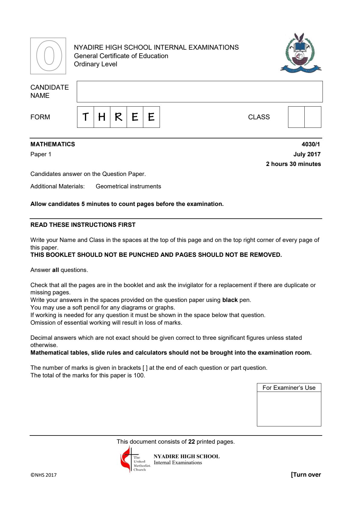 First page of Nyadire High School O-Level Mathematics July 2017 Question Paper