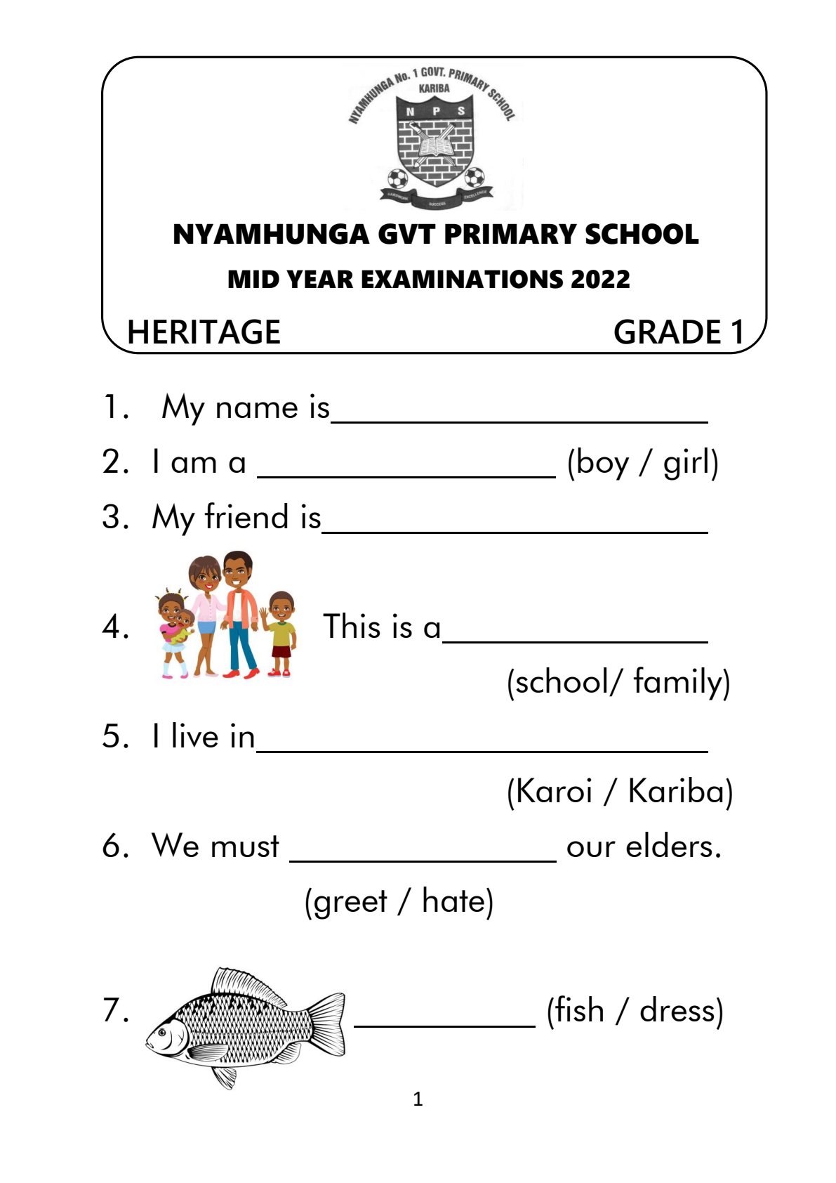 First page of Nyamhunga GVT Primary School Grade 1 Family and Heritage Studies Mid Year 2022 Question Paper