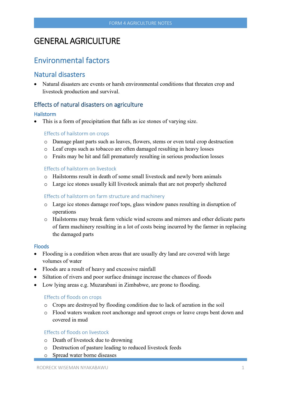 First page of O-Level Agriculture Natural Disasters Notes Zimbabwe