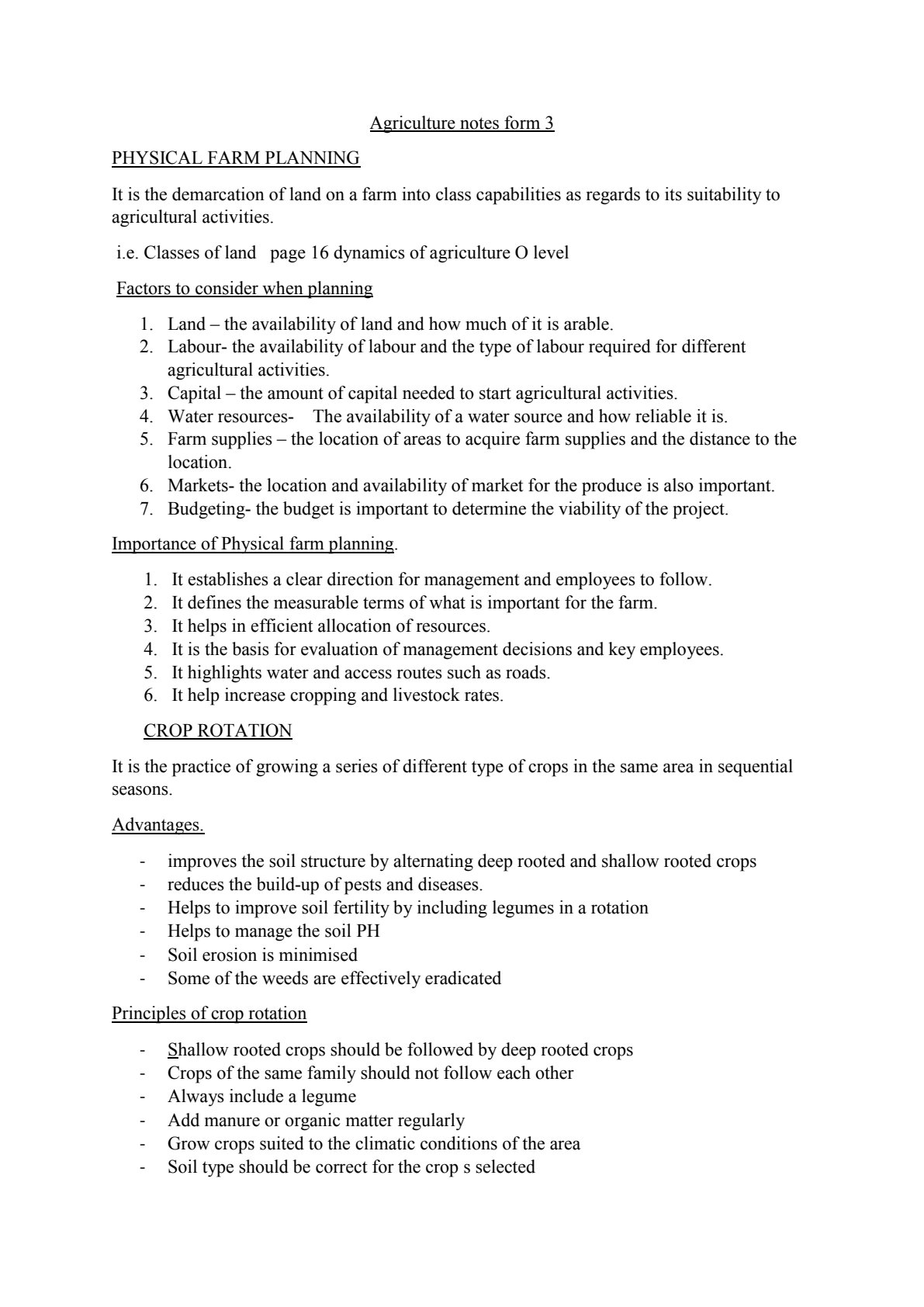 First page of O-Level Agriculture Physical Farm Planning and Crop Rotation Notes Zimbabwe