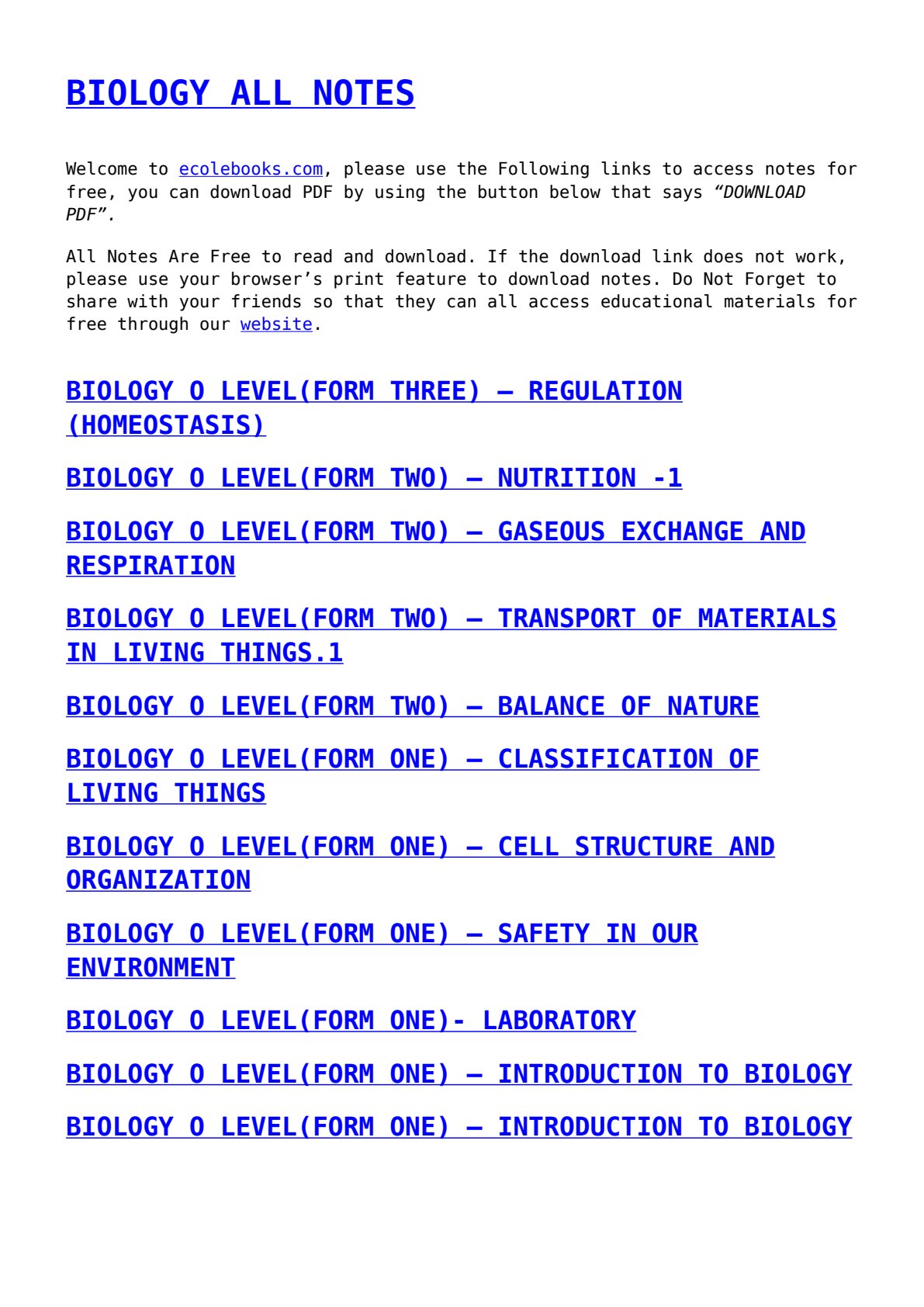 First page of O-Level Biology Multiple topics covering Form One to Form Three Notes Zimbabwe