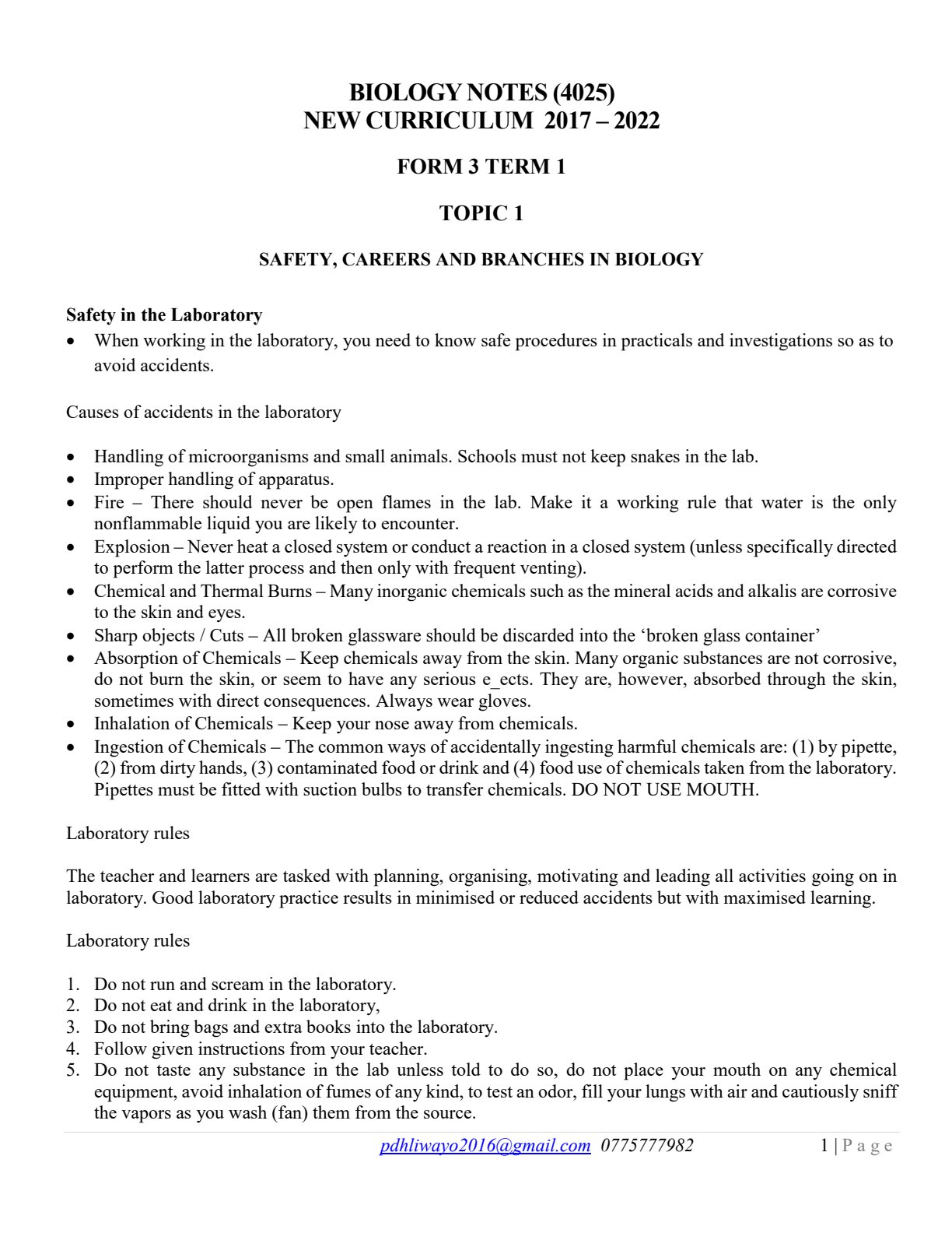 First page of O-Level Biology Safety, Careers and Branches in Biology Notes Zimbabwe