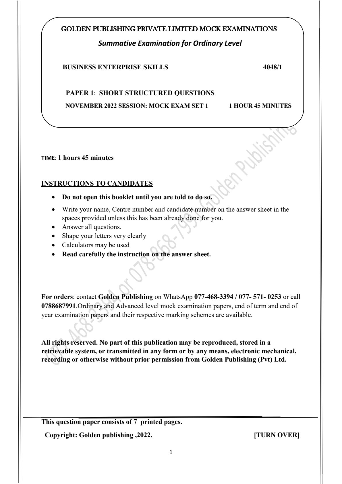First page of O-Level Business Enterprise Skills November 2022 Question Paper