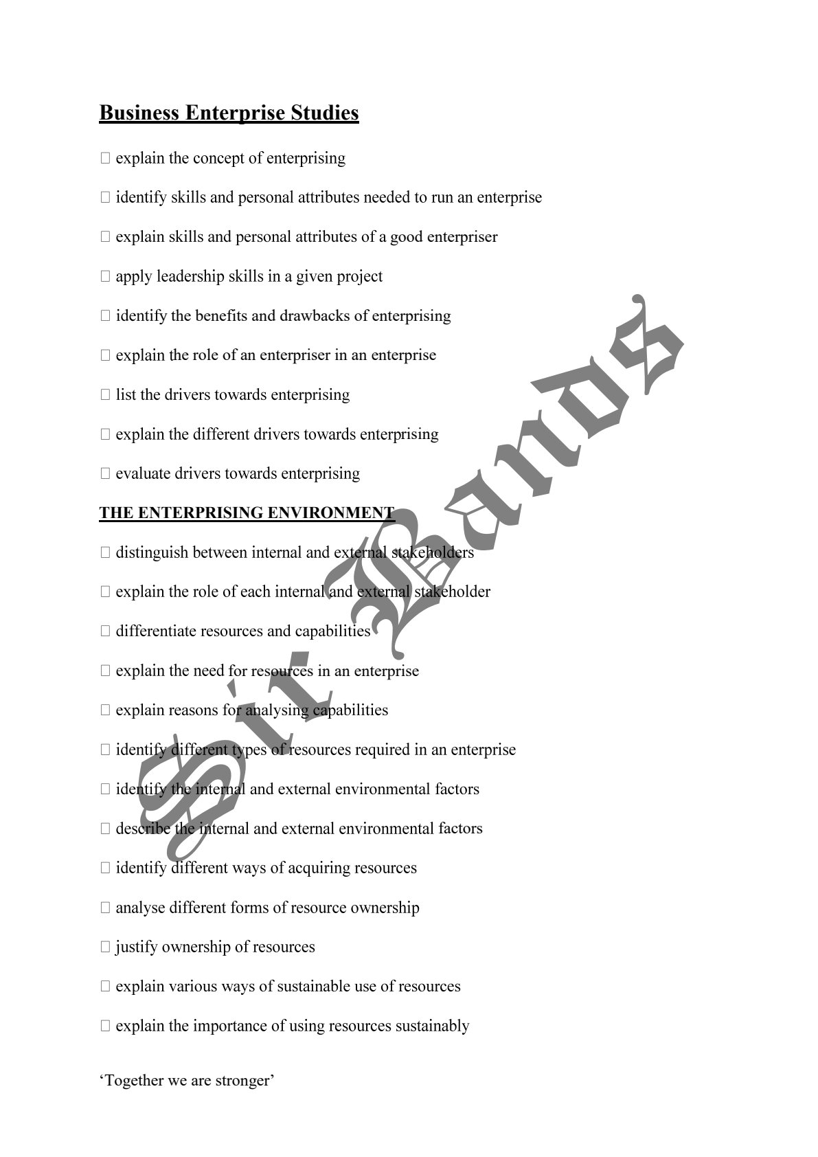 First page of O-Level Business Enterprise Studies Enterprise and the Enterprising Environment Notes Zimbabwe