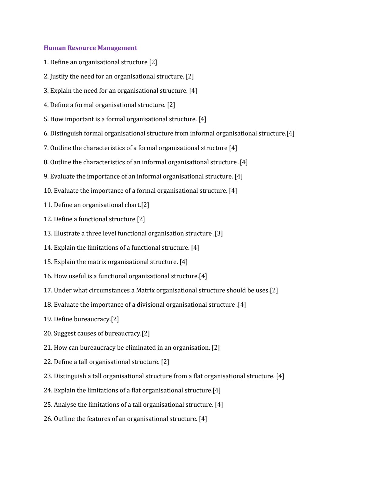 First page of O-Level Business Studies Human Resource Management Revision Pack Zimbabwe